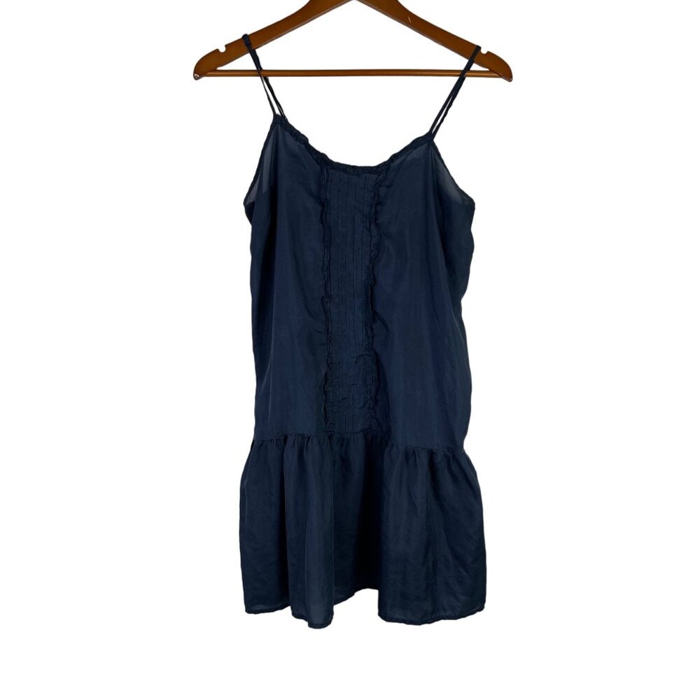 Heritage 1981 Mini Dress Size Large Tiered Spaghetti Strap Silk Navy Blue Ruffle